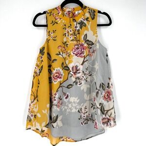 NWT DR2 Floral Blouse Top‎ Mock Neck Sleeveless Tunic Women's XS Yellow Gray